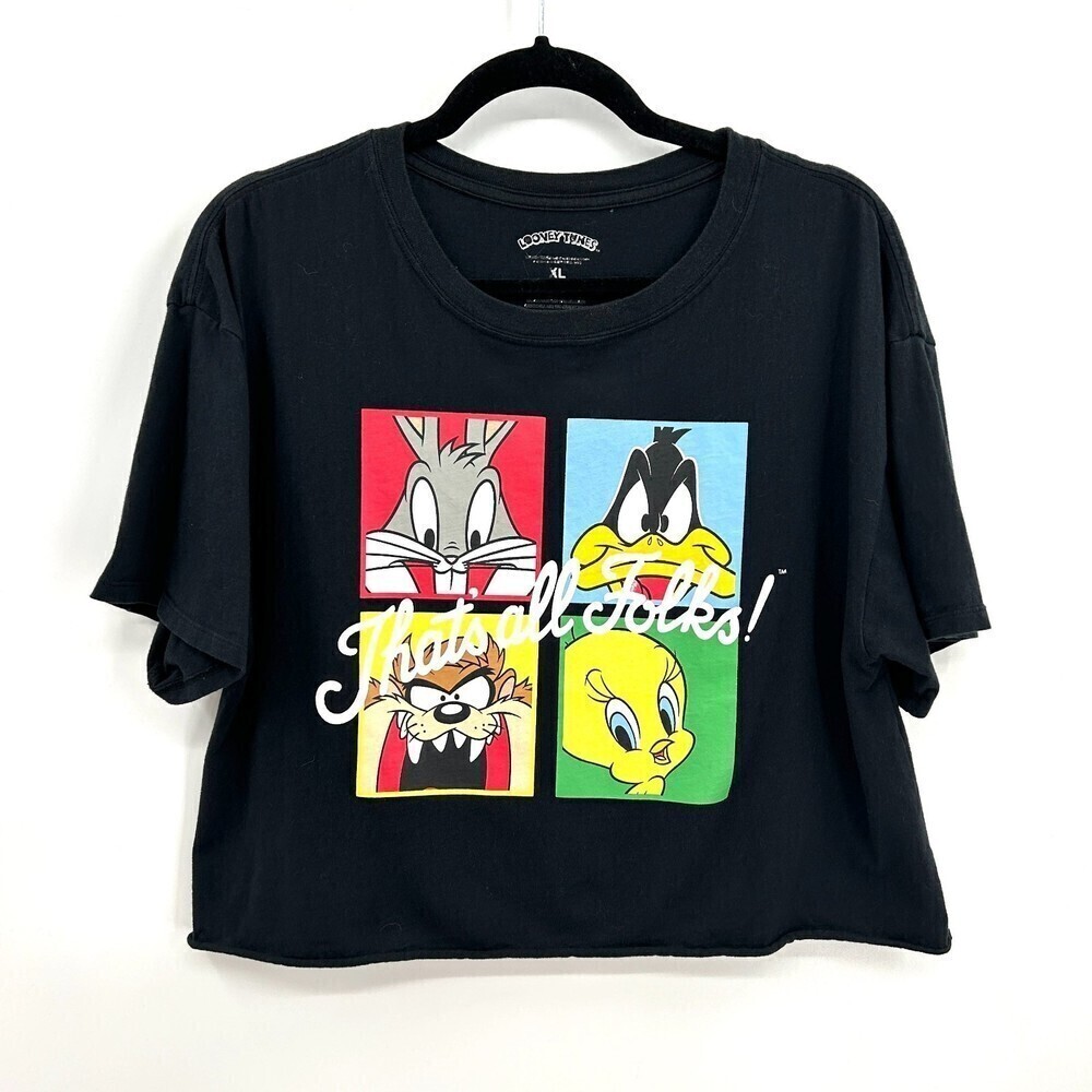 LOONEY TUNES That's All Folks Graphic Print Daffy Tweetie Taz Bugs Crop Top XL